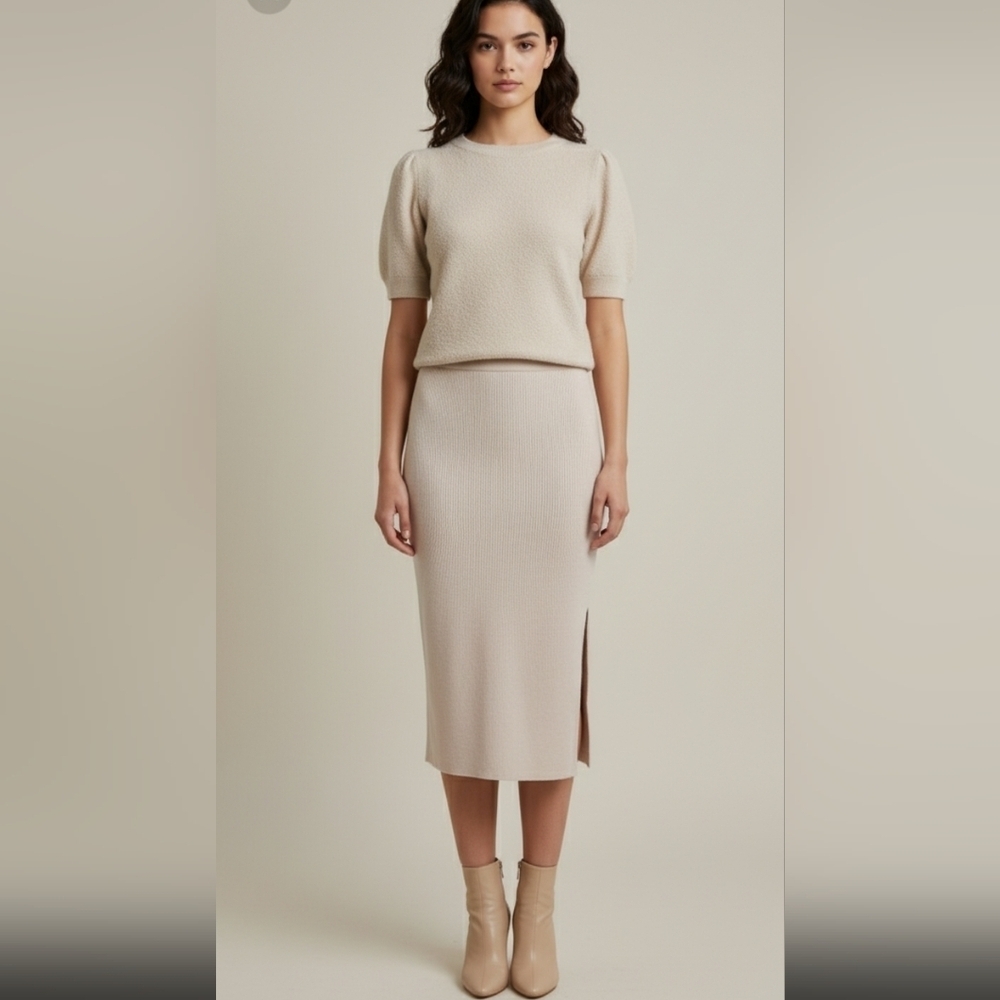 Cyrus Cream Fuzzy Short Sleeve Sweater Ribbed Skirt Pair NWT Sz Small